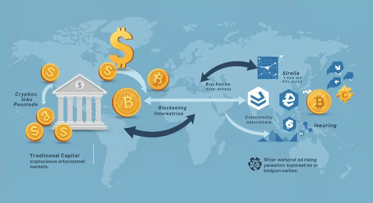 Infografía sobre el flujo de capital entre finanzas tradicionales y criptomonedas, mostrando el impacto de las tasas de interés.