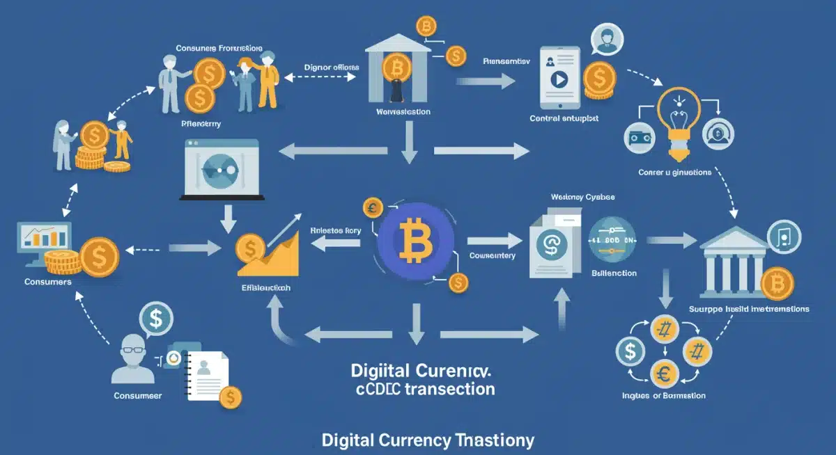 Infografía detallada del flujo de transacciones con moneda digital de banco central (CBDC) entre usuarios, empresas y bancos centrales.