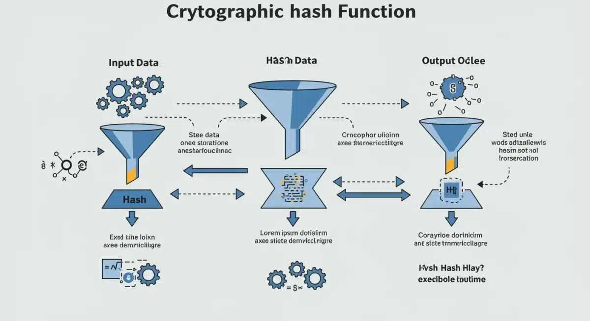 Infografía explicando el funcionamiento de una función hash criptográfica en una transacción blockchain.