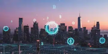 Paisaje urbano futurista con elementos criptográficos, simbolizando el futuro del mercado cripto en EE. UU. en 2026.