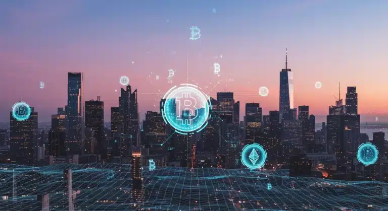 Paisaje urbano futurista con elementos criptográficos, simbolizando el futuro del mercado cripto en EE. UU. en 2026.