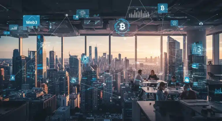 Futuro del empleo en Web3 en EE. UU. con profesionales innovando en tecnología blockchain.