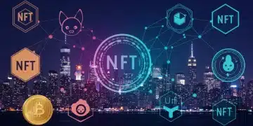 Futuro vibrante de los NFTs en el mercado de EE. UU. con elementos digitales y el horizonte de Nueva York.