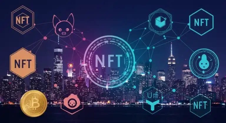 Futuro vibrante de los NFTs en el mercado de EE. UU. con elementos digitales y el horizonte de Nueva York.
