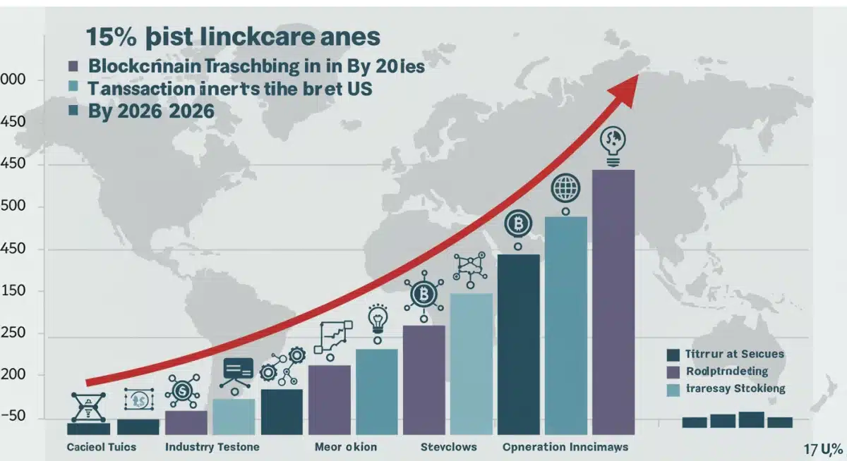 Gráfico que muestra un aumento del 15% en transacciones diarias de blockchain en Estados Unidos para 2026, con iconos de sectores clave.