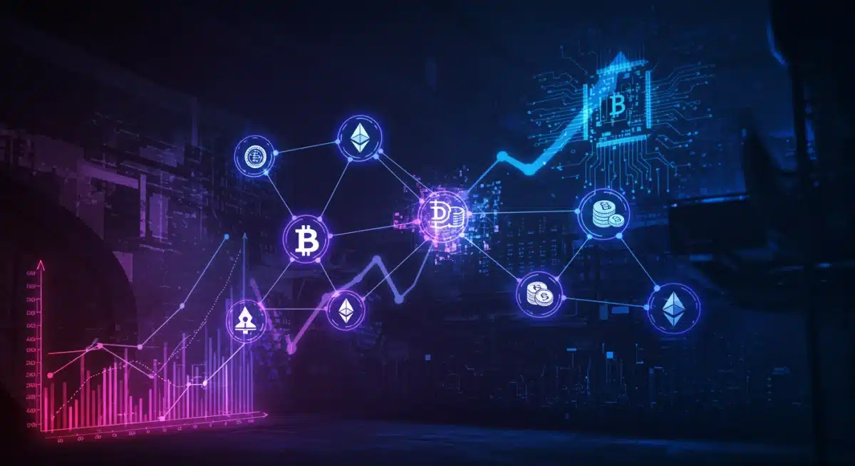 Gráfico de finanzas descentralizadas (DeFi) con contratos inteligentes y activos digitales en crecimiento.