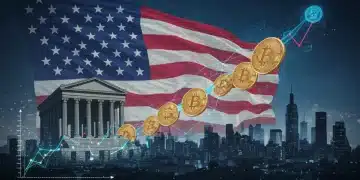 Gráfico interconectado de tipos de interés de la Fed y precios de criptomonedas con fondo futurista de EE. UU.