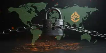 Cerradura digital rota con símbolos de criptomonedas y mapa de EE. UU., representando el hackeo de CryptoVault y la necesidad de seguridad urgente.