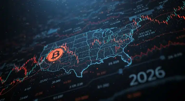 Representación visual de un hackeo masivo a exchanges de criptomonedas en Estados Unidos, con elementos digitales y gráficos de datos. La imagen evoca una amenaza económica global.