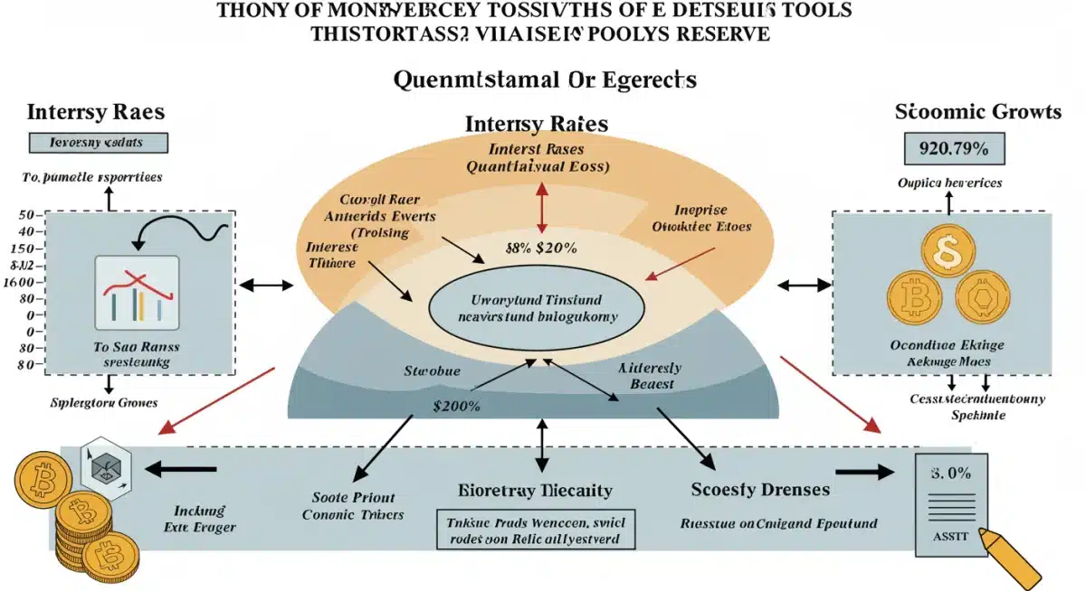 Infografía de herramientas de política monetaria de la Reserva Federal y su efecto en la economía y los criptoactivos.