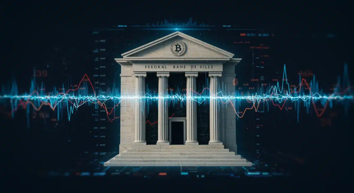 Edificio de la Reserva Federal afectando el gráfico volátil del criptomercado.
