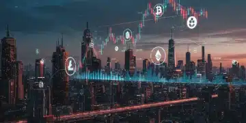 Gráfico digital con símbolos de criptomonedas y barras que indican fluctuaciones de precios, con el Capitolio de EE. UU. al fondo, simbolizando el impacto regulatorio en altcoins.