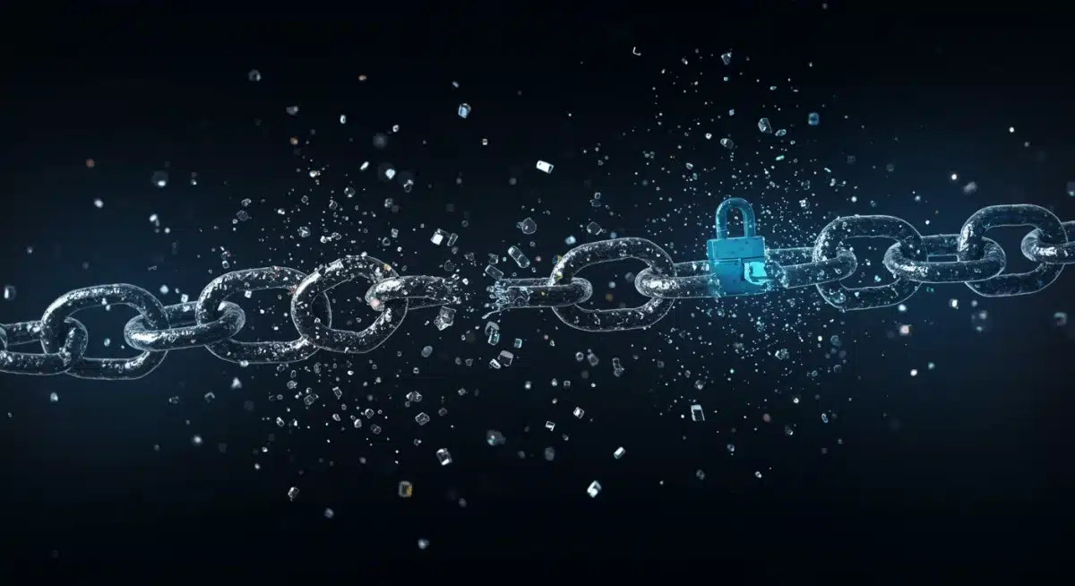 Visualización de ciberataques y fugas de datos, con cadenas rotas y datos dispersos, simbolizando incidentes cripto de 2025.