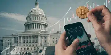 Gráfico de criptomonedas volátil sobre un fondo de indicadores económicos de Estados Unidos y el Capitolio.