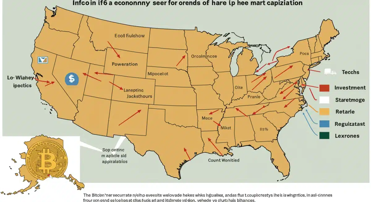 Infografía que detalla cómo el crecimiento de Bitcoin ha influido en sectores clave de la economía estadounidense, incluyendo tecnología, finanzas y comercio.