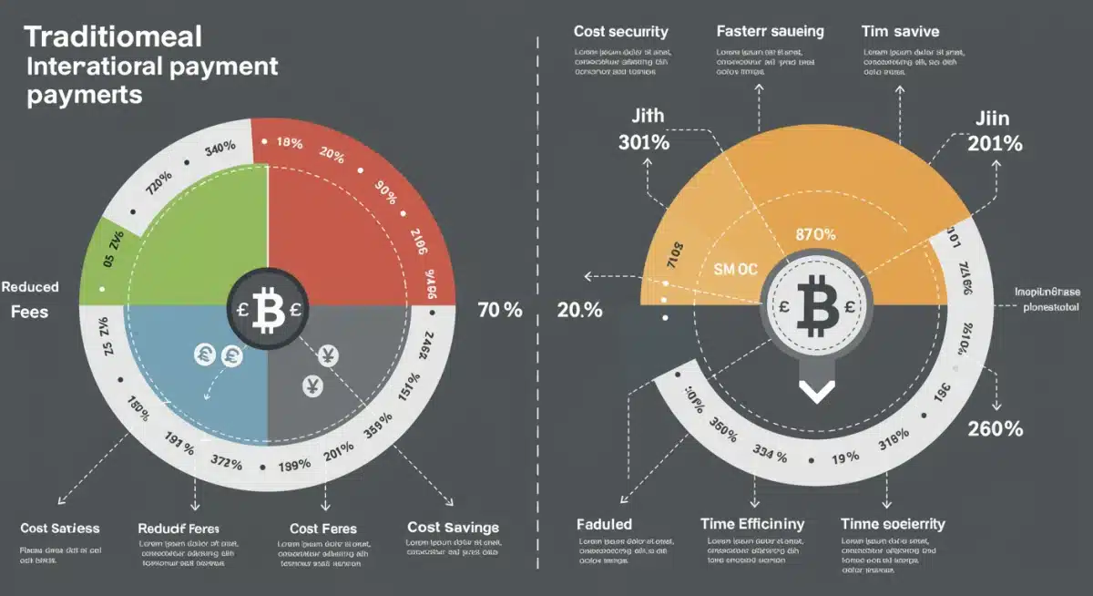 Infografía comparativa de transacciones tradicionales frente a criptomonedas en el comercio internacional.