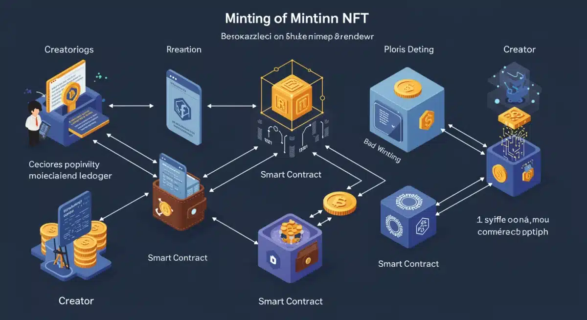 Infografía detallada del proceso de acuñación de un NFT en la blockchain, mostrando la interacción entre creador y contrato inteligente.