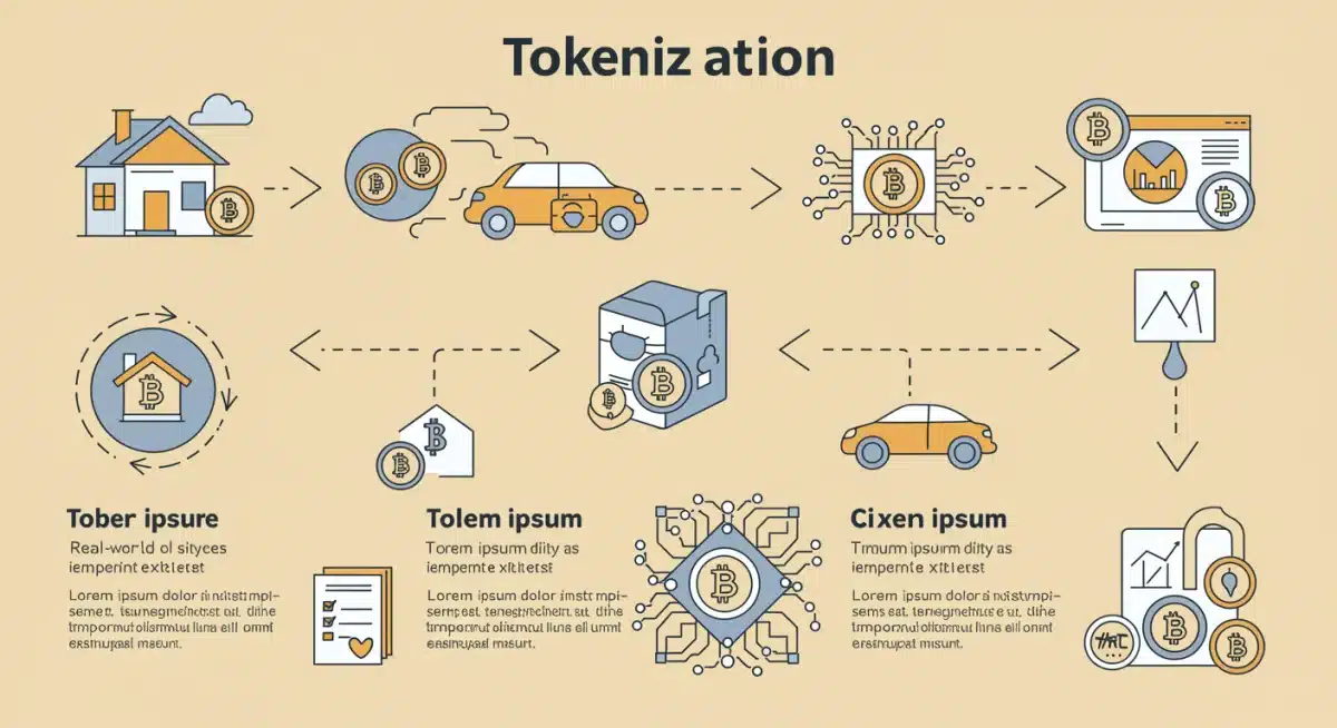 Infografía detallada del proceso de tokenización, transformando activos reales en tokens digitales para mayor liquidez y propiedad fraccionada.