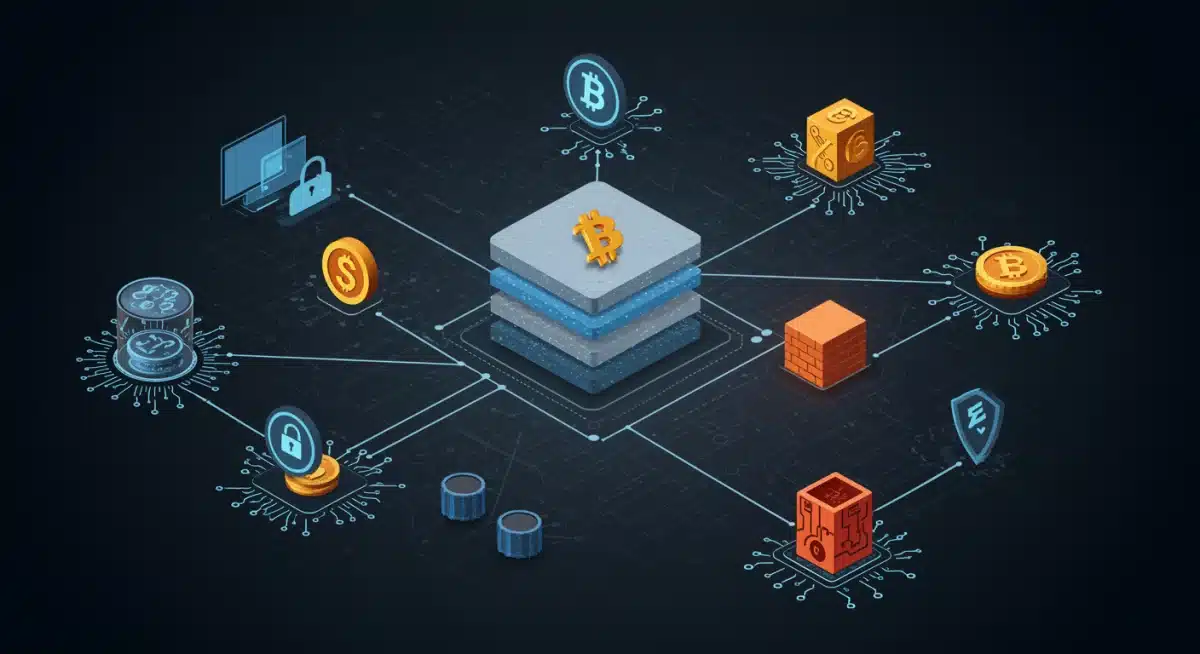 Diagrama de red complejo con capas de seguridad avanzadas, cortafuegos y símbolos criptográficos, mostrando infraestructura de ciberseguridad para exchanges.