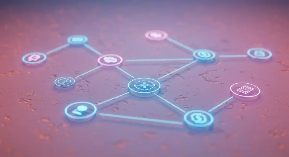 Representación abstracta de la innovación en DeFi, con contratos inteligentes y protocolos financieros interconectados.