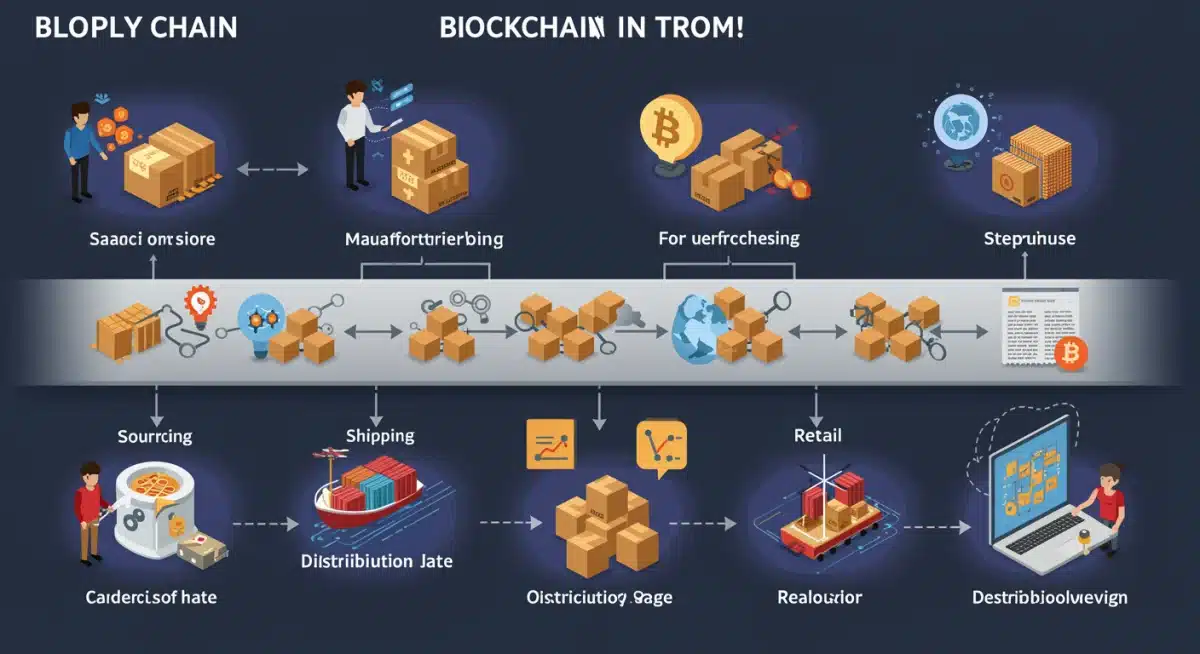 Infografía detallada de la integración de blockchain en cada etapa de la cadena de suministro.
