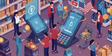 Integración de criptomonedas en el comercio minorista de Estados Unidos, mostrando pagos digitales y transacciones innovadoras.