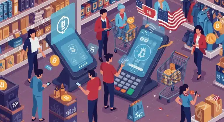 Integración de criptomonedas en el comercio minorista de Estados Unidos, mostrando pagos digitales y transacciones innovadoras.