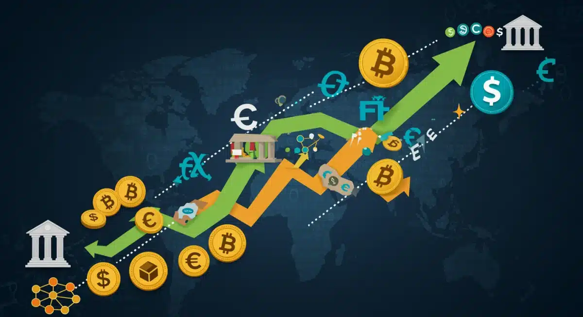 Flujo de capital digital y tradicional convergiendo, simbolizando la integración de los ETF de criptomonedas en finanzas.