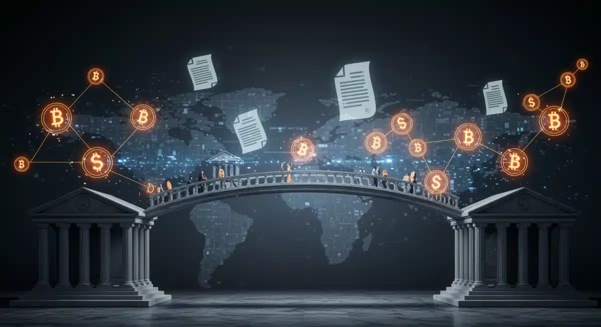 Puente metafórico entre finanzas tradicionales y blockchain, simbolizando la integración regulatoria.