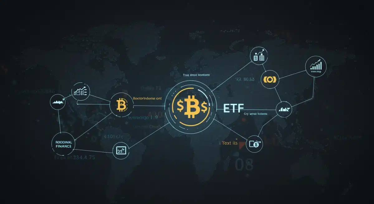 Diagrama de red que muestra la interconexión de los mercados financieros tradicionales y criptográficos, con flujos de datos de volumen de trading.
