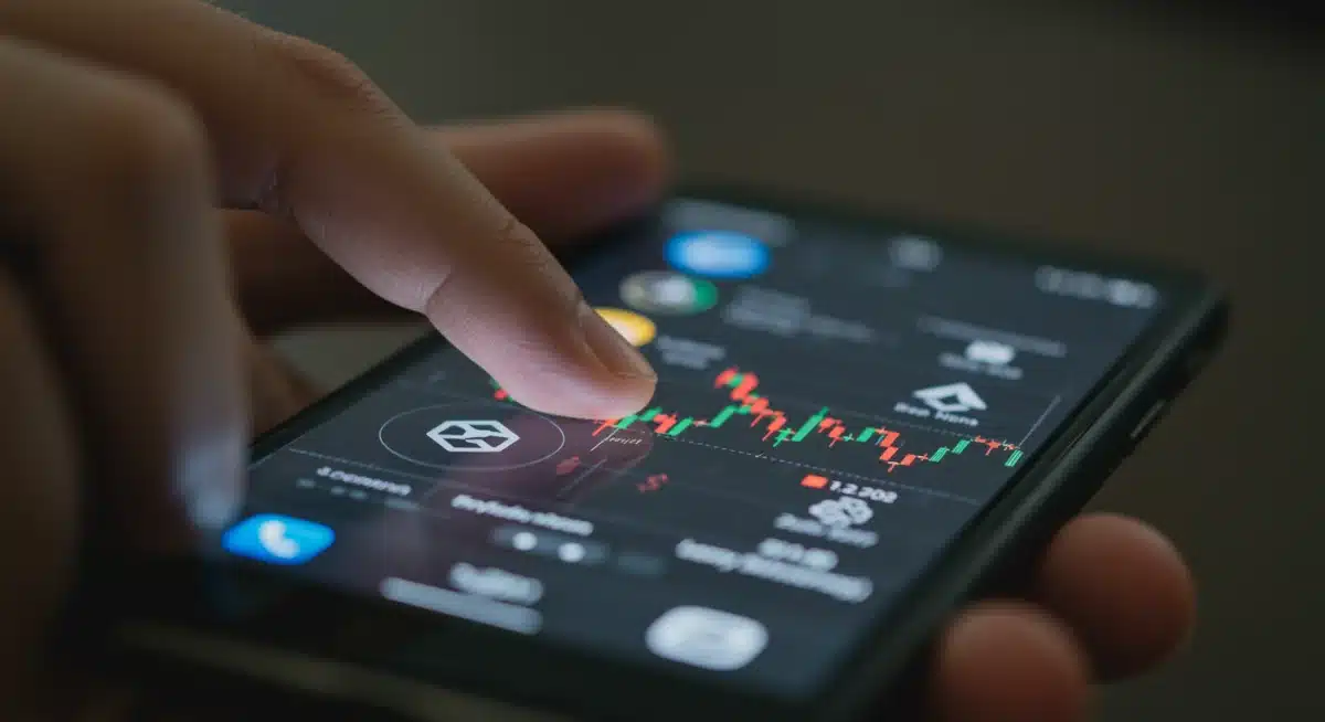 Interfaz de aplicación DeFi en un smartphone, mostrando activos cripto y gráficos de trading.