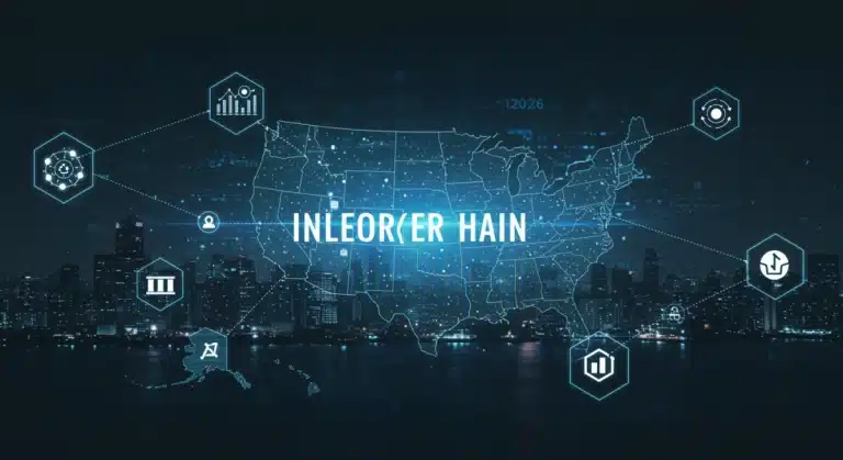 Redes blockchain interconectadas visualizando la interoperabilidad y el flujo de datos en Estados Unidos en 2026.