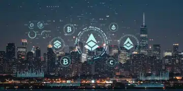 Paisaje urbano digital futurista con símbolos de criptomonedas, representando las tendencias de inversión institucional en EE. UU. para el primer semestre de 2026.