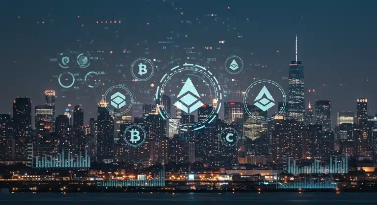 Paisaje urbano digital futurista con símbolos de criptomonedas, representando las tendencias de inversión institucional en EE. UU. para el primer semestre de 2026.