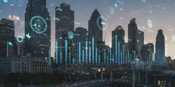 Edificios financieros tradicionales fusionados con gráficos de criptomonedas y redes blockchain, simbolizando la inversión institucional en cripto en EE. UU.