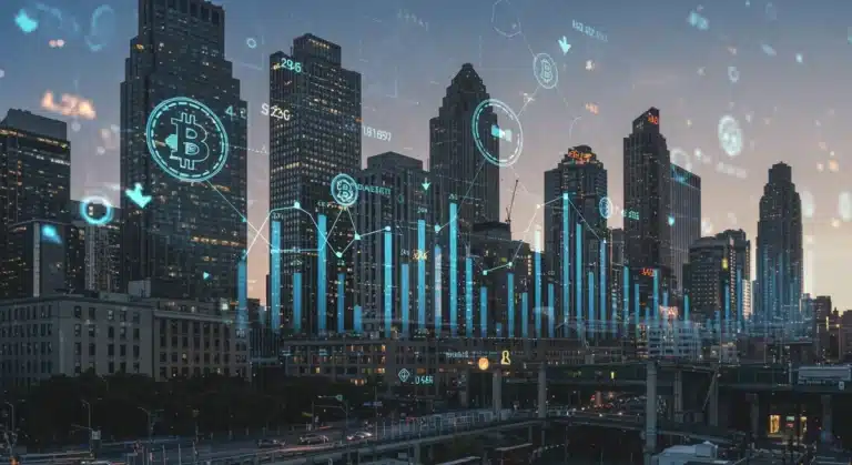 Edificios financieros tradicionales fusionados con gráficos de criptomonedas y redes blockchain, simbolizando la inversión institucional en cripto en EE. UU.