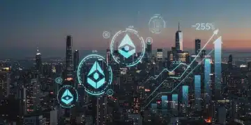 Paisaje urbano digital futurista con símbolos de criptomonedas, representando la creciente inversión institucional en el mercado estadounidense para 2026.