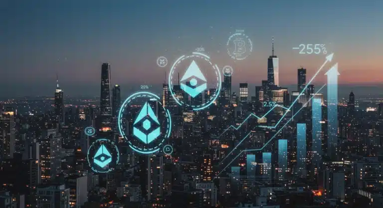 Paisaje urbano digital futurista con símbolos de criptomonedas, representando la creciente inversión institucional en el mercado estadounidense para 2026.