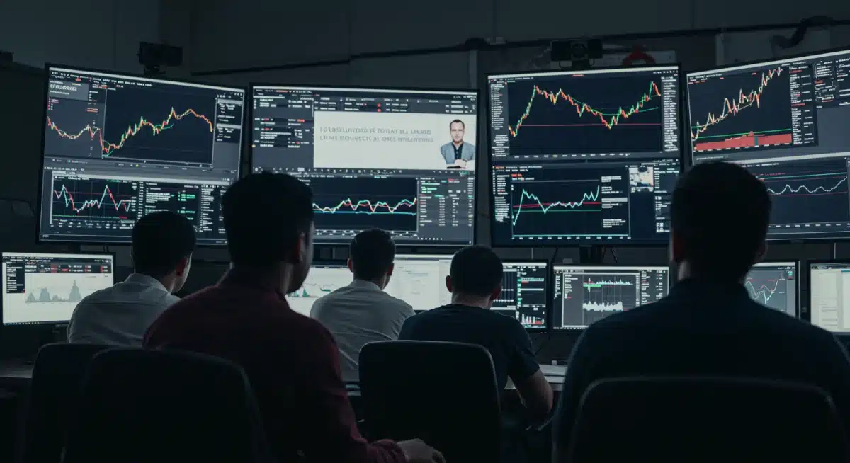 Inversores analizando datos del mercado cripto y noticias regulatorias de EE. UU. en múltiples pantallas.