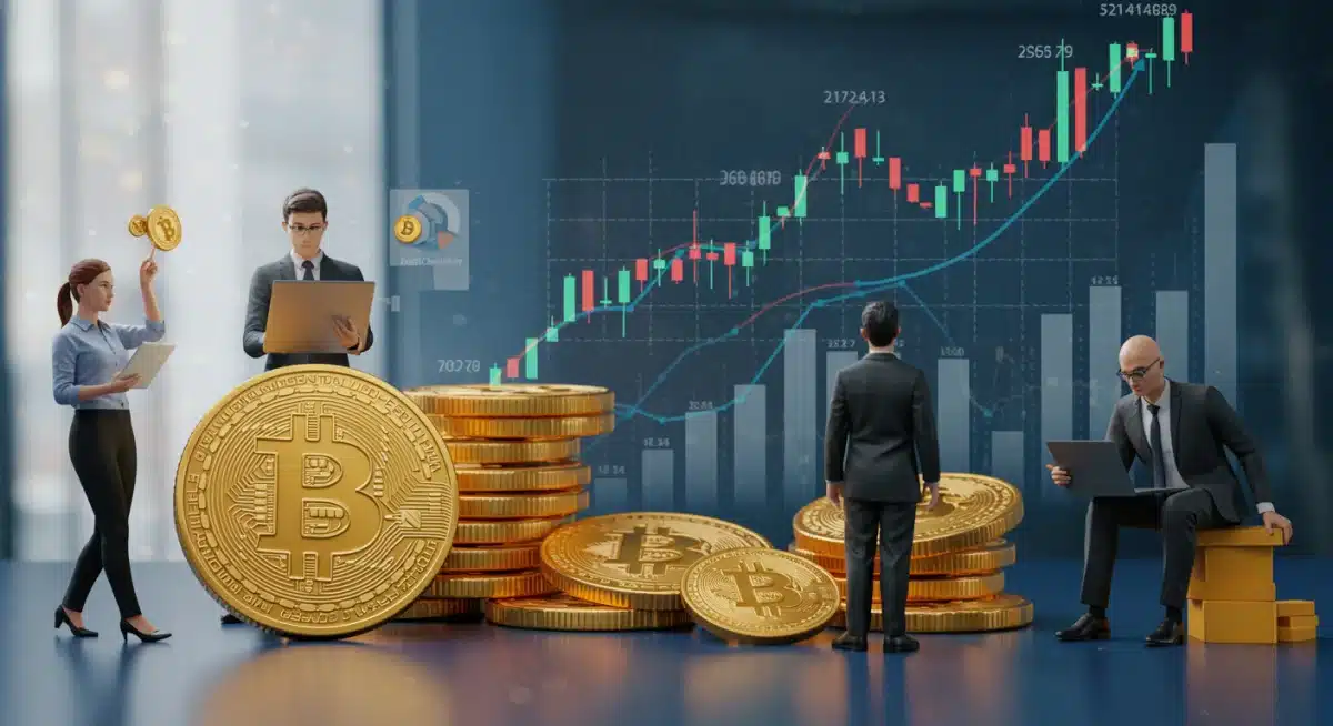 Inversores institucionales y minoristas interactuando con plataformas de trading de criptomonedas, simbolizando el aumento de la participación en el mercado.