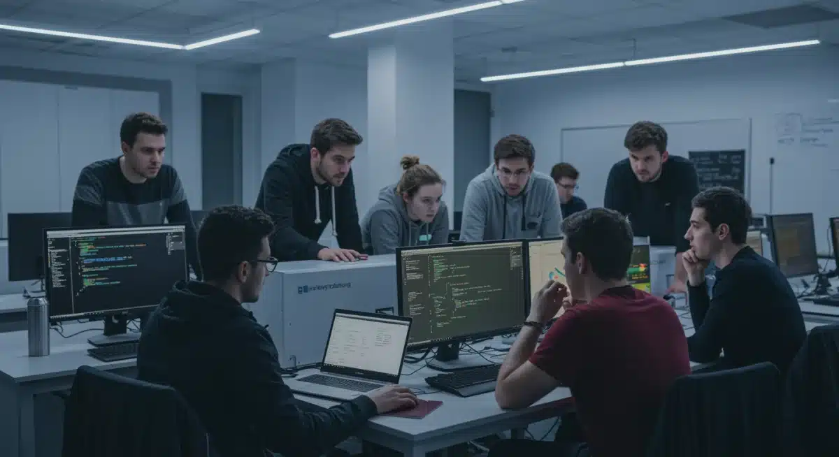 Estudiantes y profesores colaborando en un laboratorio universitario, investigando código blockchain.