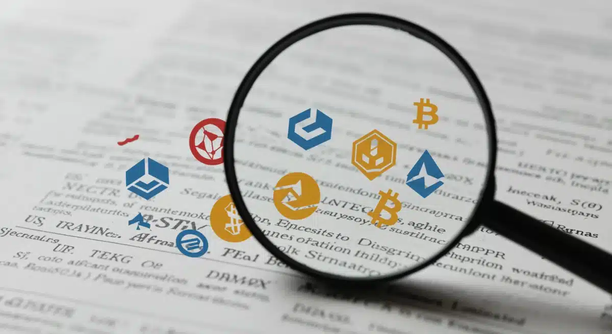Documento legal con logos de criptomonedas y una lupa, ilustrando el escrutinio regulatorio sobre el mercado de altcoins en EE. UU.