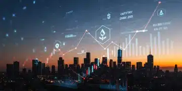 Paisaje digital futurista con gráficos de criptomonedas y símbolos de liquidez en EE. UU.