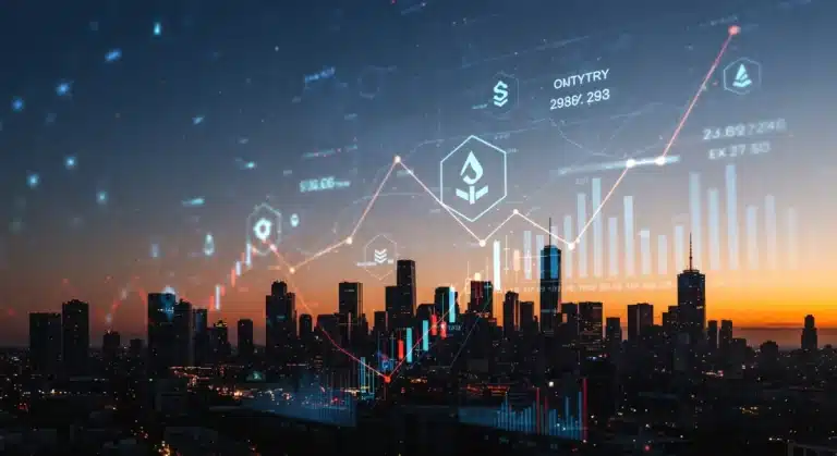 Paisaje digital futurista con gráficos de criptomonedas y símbolos de liquidez en EE. UU.