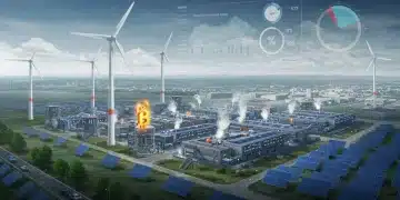 Granja de minería de criptomonedas en EE. UU. alimentada por energías renovables, simbolizando sostenibilidad energética.