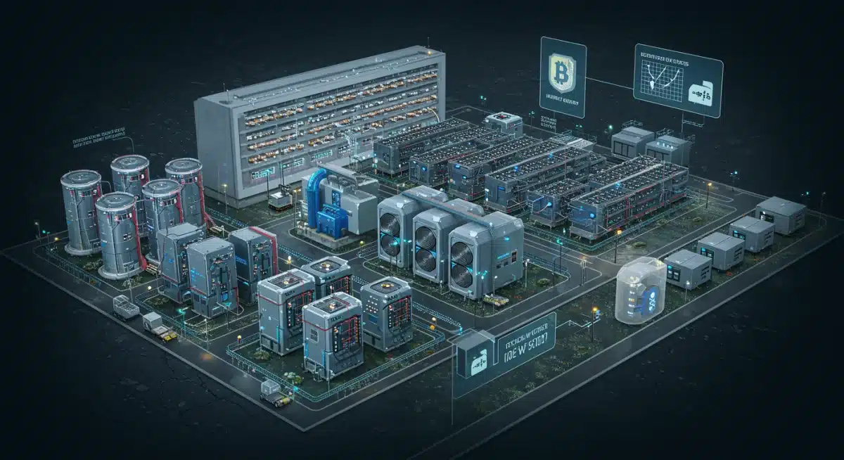 Instalación de minería de criptomonedas futurista con tecnología de red inteligente y energías limpias.