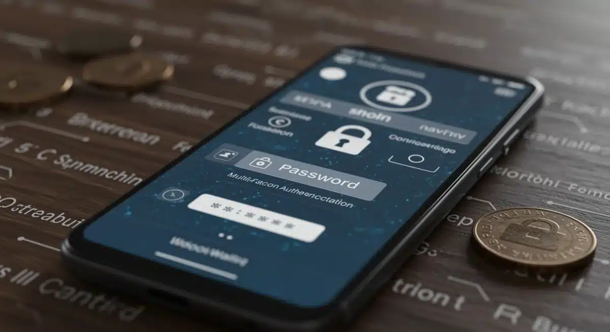 Interfaz de monedero digital seguro en smartphone con autenticación multifactor, simbolizando medidas de seguridad proactivas.