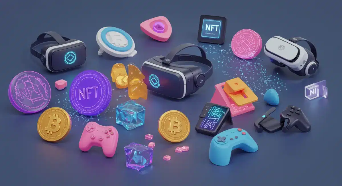 Arte digital vibrante con NFTs, realidad virtual y elementos de juego, representando GameFi y Web3.