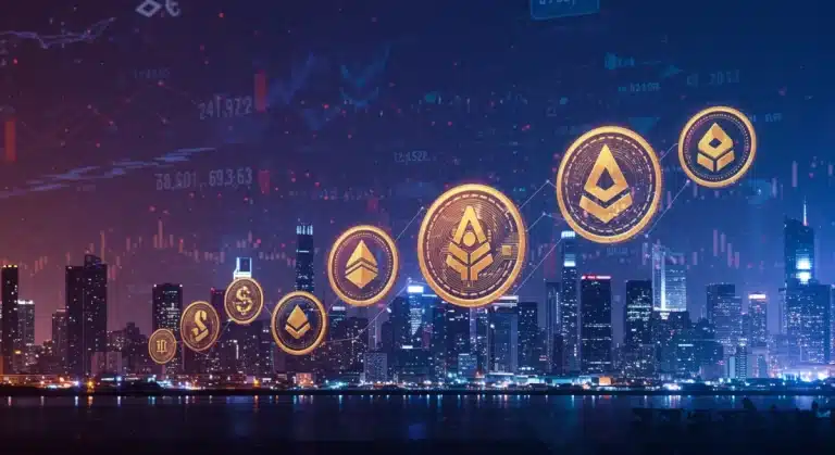 Paisaje urbano digital futurista con símbolos de criptomonedas, representando el crecimiento del mercado cripto post-regulaciones en EE. UU.