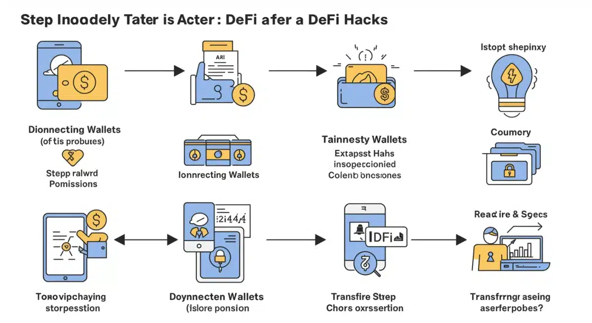Gráfico detallado de pasos inmediatos para usuarios tras un hackeo DeFi, incluyendo desconexión de wallets y revocación de permisos.
